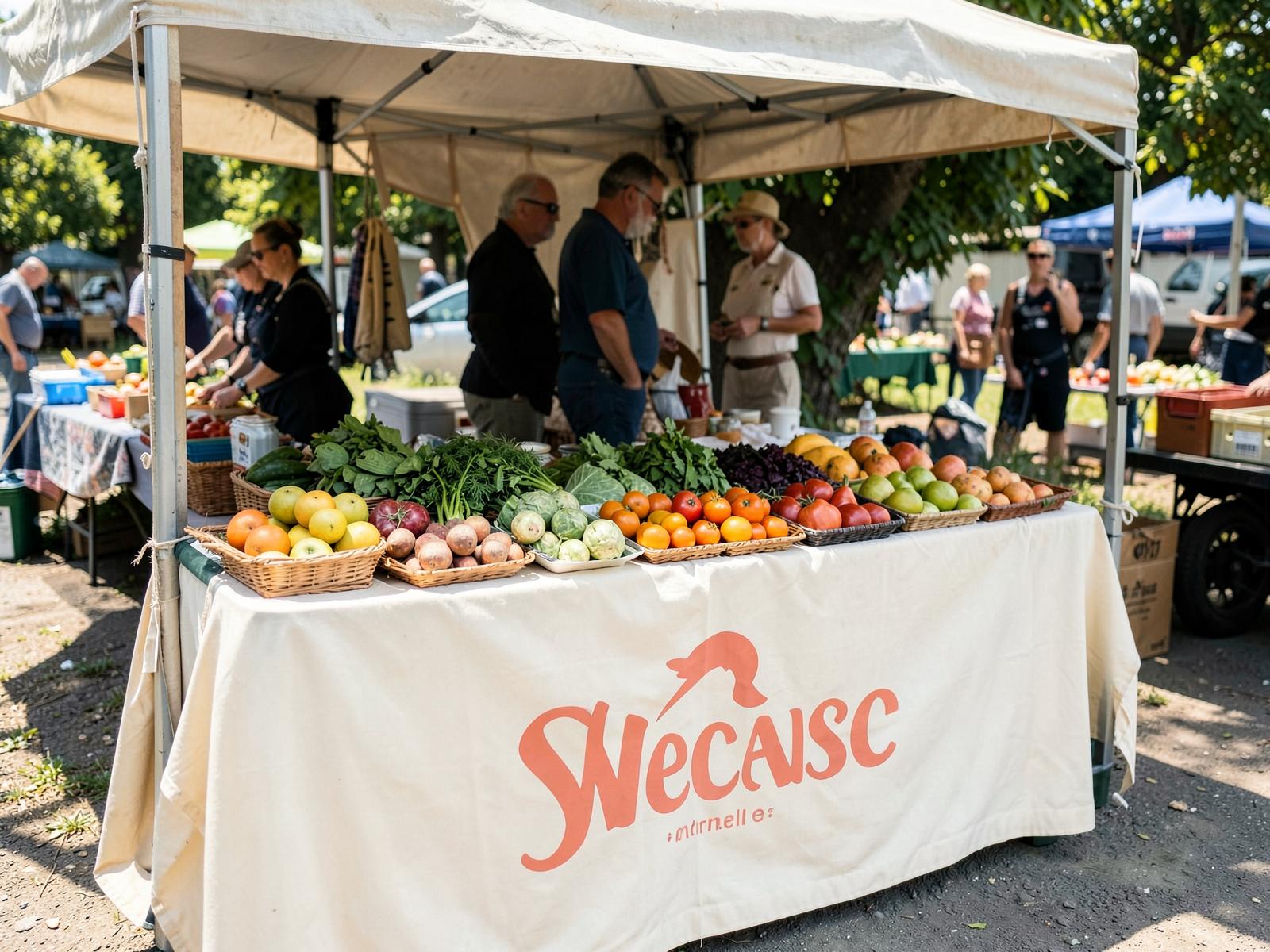 Farmers market stall with a draped custom table cloth in cream printed with a coral logo
