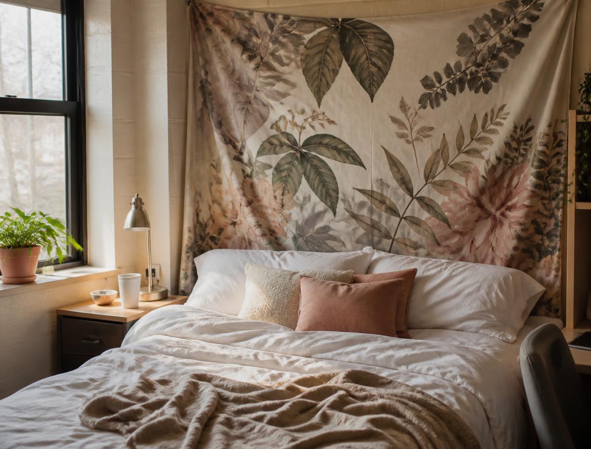 Printed fabric tapestry hung as a headboard behind a bed in a dorm room