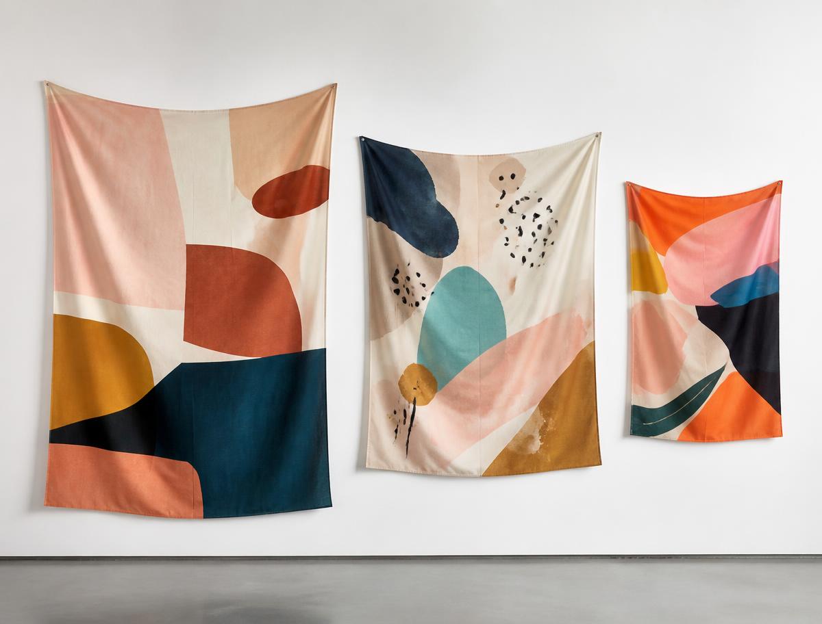 Three custom printed tapestries in different sizes hanging side by side on a studio wall