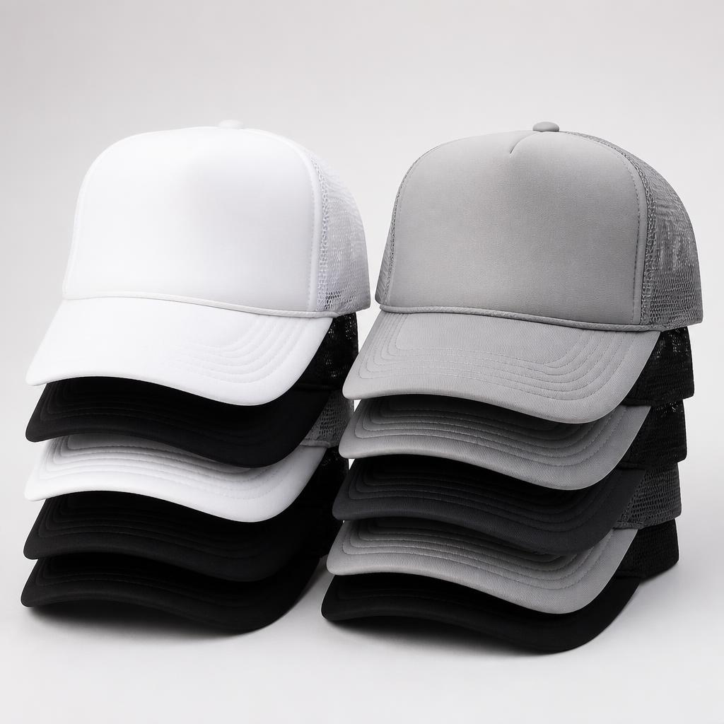 Blank foam-front trucker hats ready to be customized