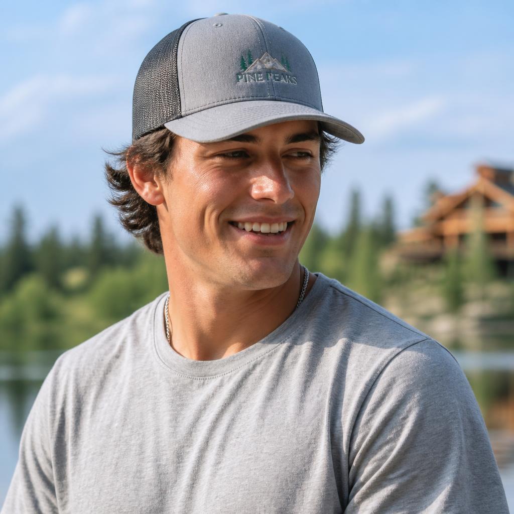 Person wearing a branded custom trucker hat outdoors with the logo on the front