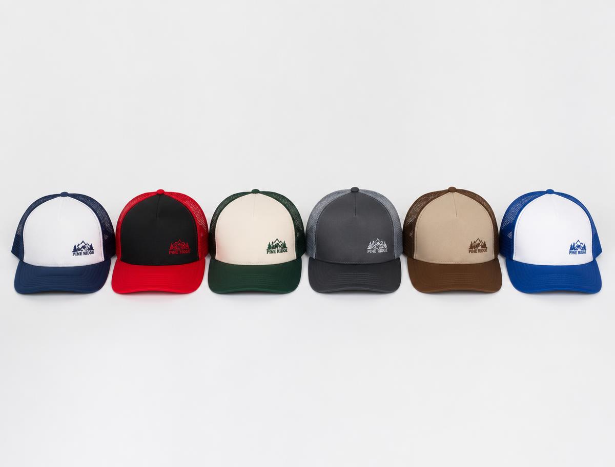 Lineup of custom trucker hats in two-tone colorways with embroidered logos