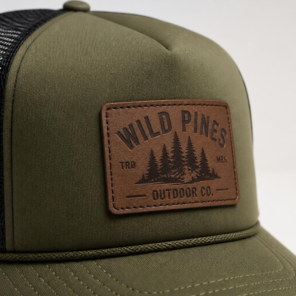 Custom trucker hat with a leather patch on the foam front