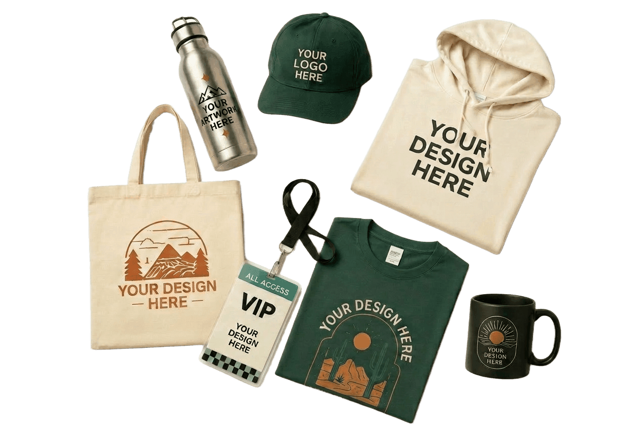Custom merch laid out — water bottle, cap, hoodie, tote, VIP lanyard, t-shirt, and mug, each showing 'your design here'