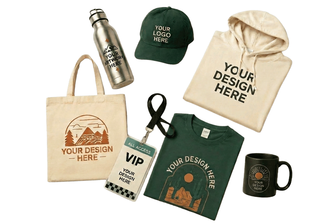 Custom merch laid out - water bottle, cap, hoodie, tote, VIP lanyard, t-shirt, and mug, each showing 'your design here'