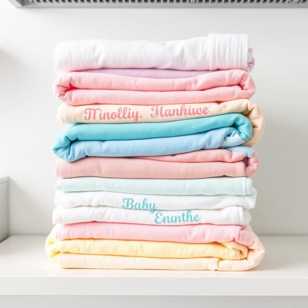 Neat stack of personalized baby blankets, each printed with a different baby name, ready for a hospital gift program