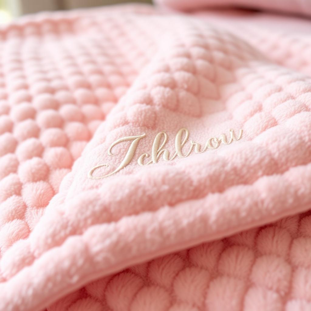 Close-up of a plush minky personalized baby blanket showing embroidered name and birth date stitching detail