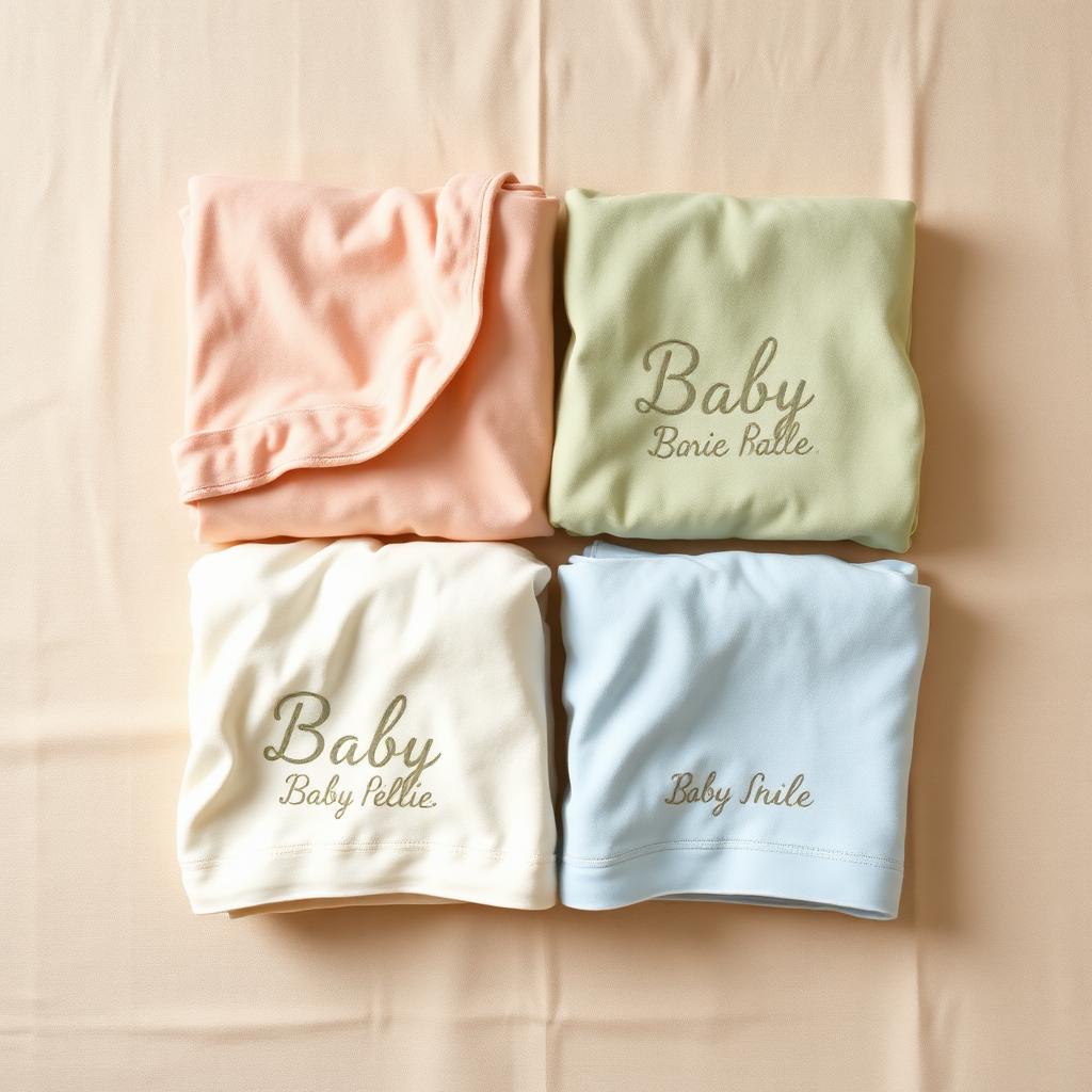 Flat lay of four folded personalized baby blankets in pastel colors, each embroidered with a different baby name