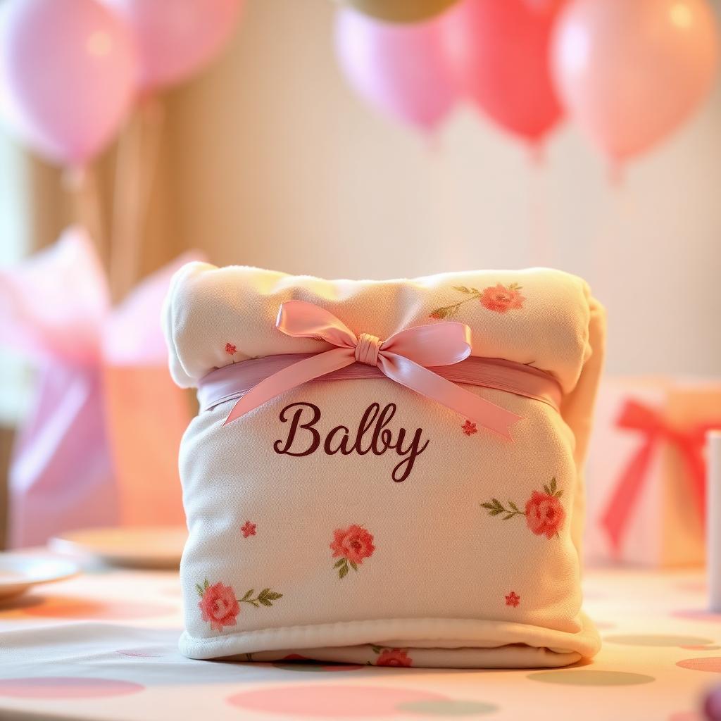 Personalized baby blanket with a printed name and floral design presented as the centerpiece gift at a baby shower