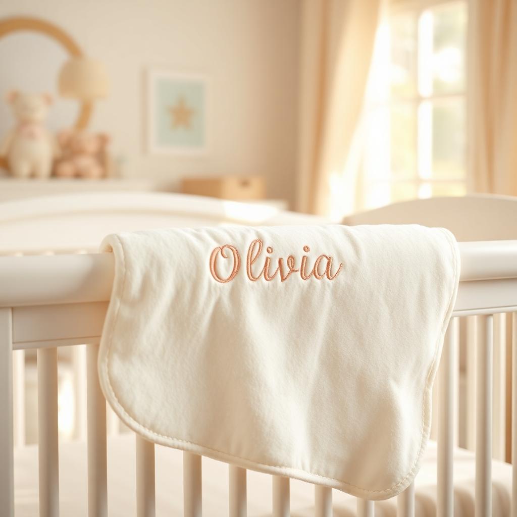 Personalized cream fleece baby blanket with the embroidered name Olivia draped over a white crib rail in a bright nursery