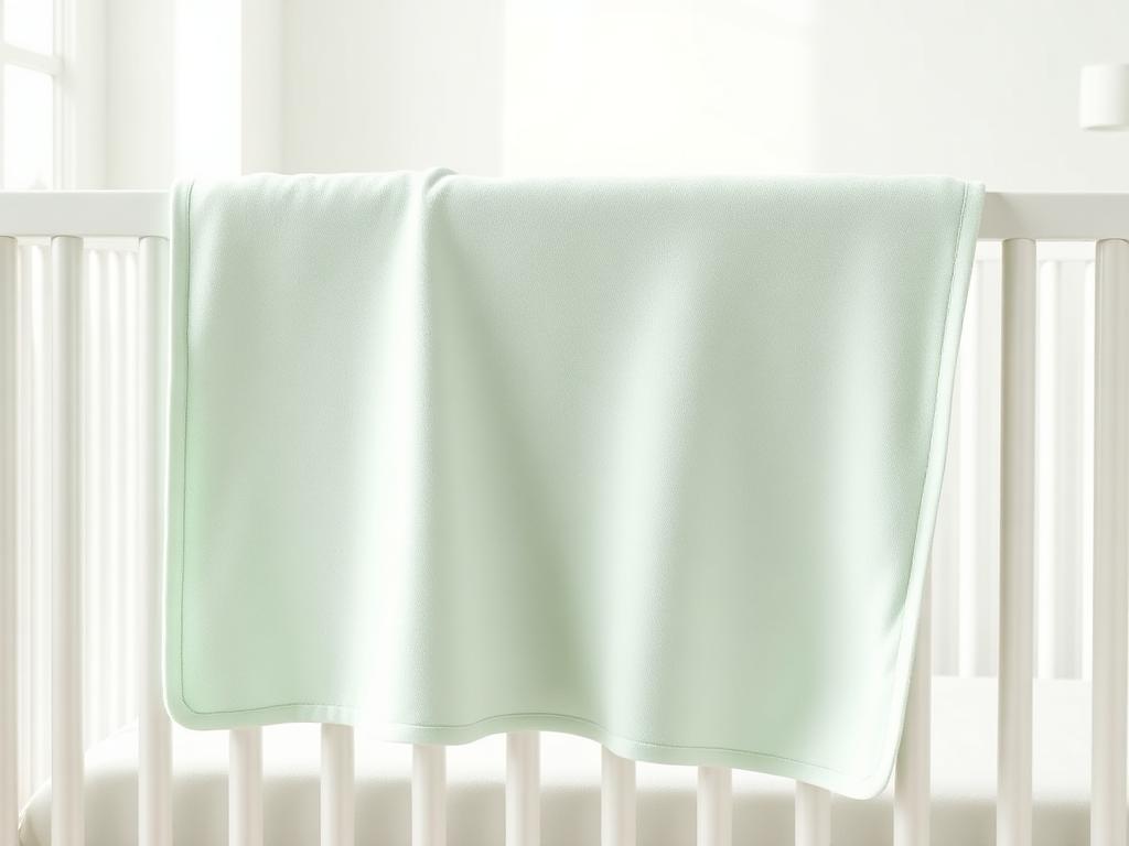 Personalized baby blanket in soft sage fleece draped over the rail of a white crib in a bright modern nursery