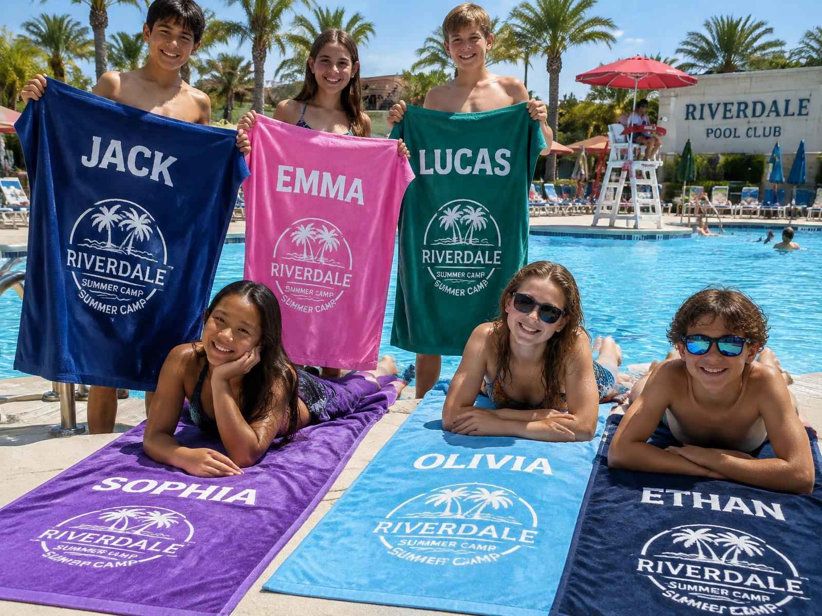 Kids at a pool club with personalized beach towels printed with their names and a camp logo