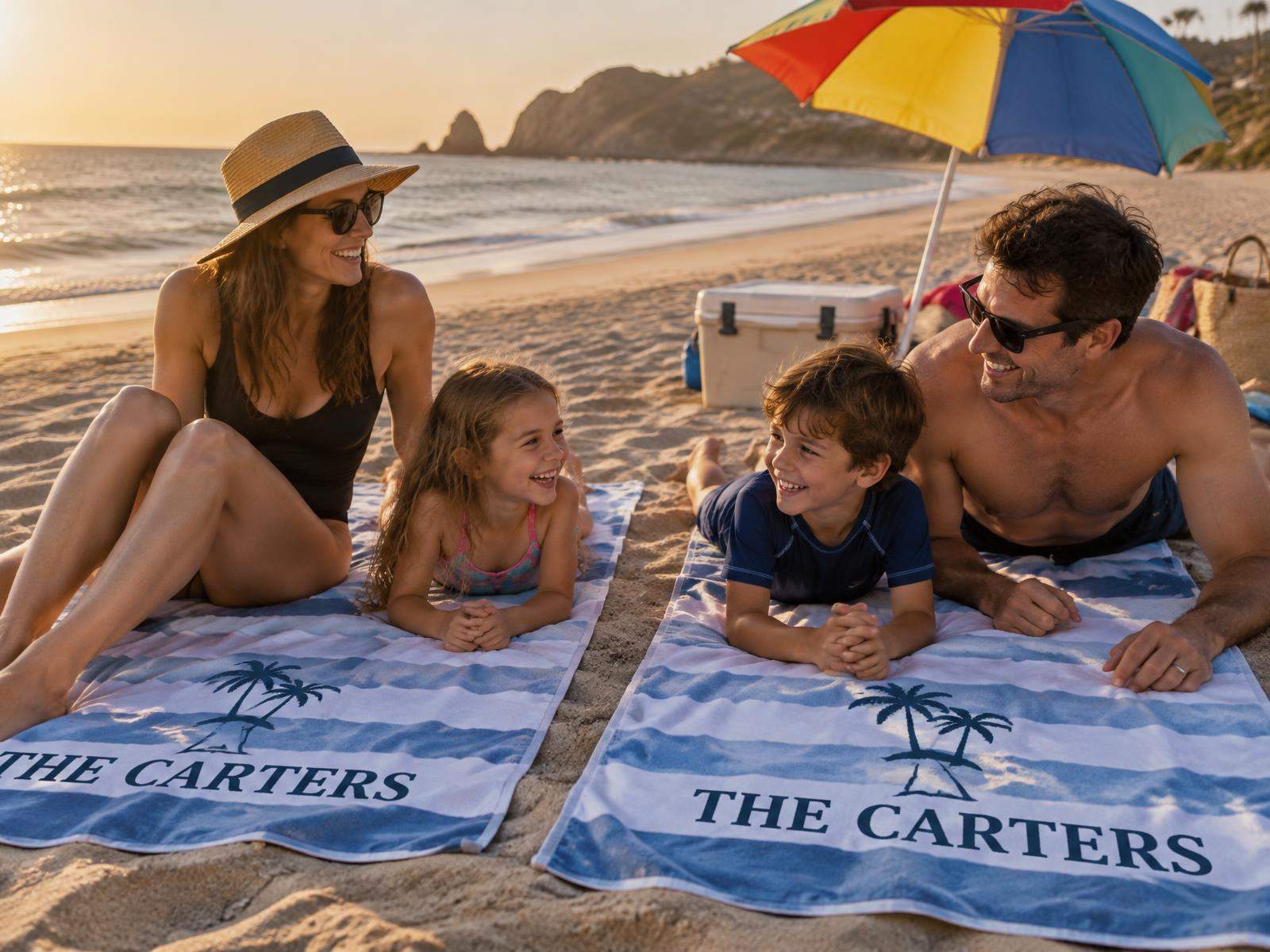 Family on the beach relaxing on matching personalized beach towels printed with their family name