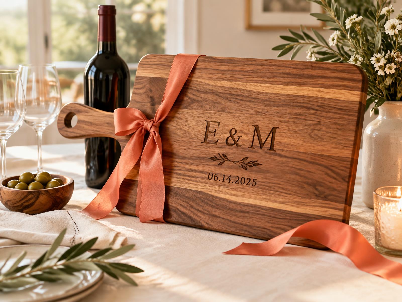 Personalized cutting board wrapped with ribbon as a wedding gift, propped beside a wine bottle on a table