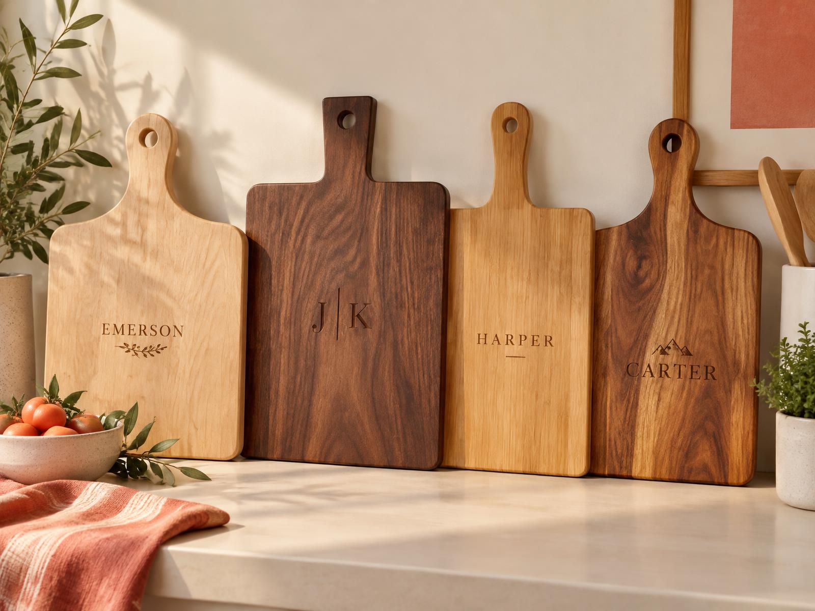 Several personalized cutting boards in maple, walnut, bamboo and acacia arranged in a row on a cream surface