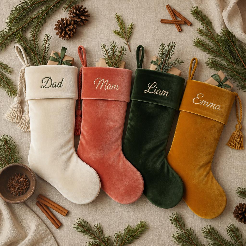 Matching set of four velvet Christmas stockings embroidered with different family names