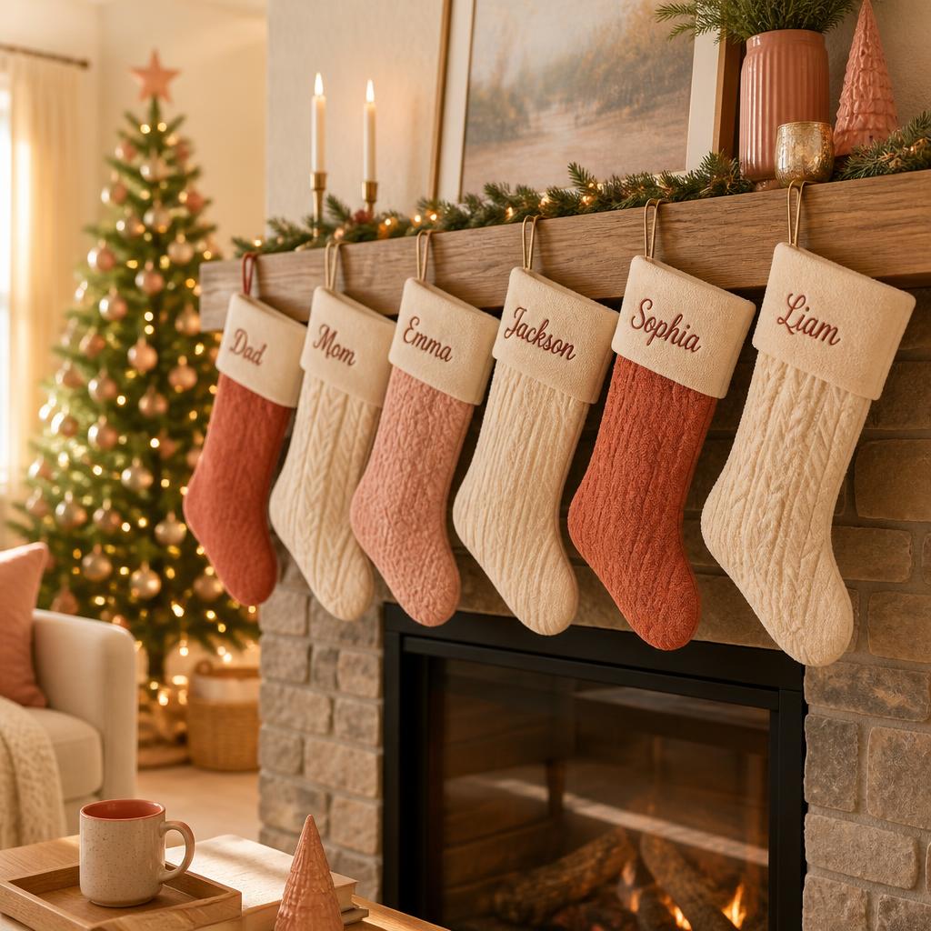 Row of personalized plush Christmas stockings hanging on a stone fireplace in a cozy living room