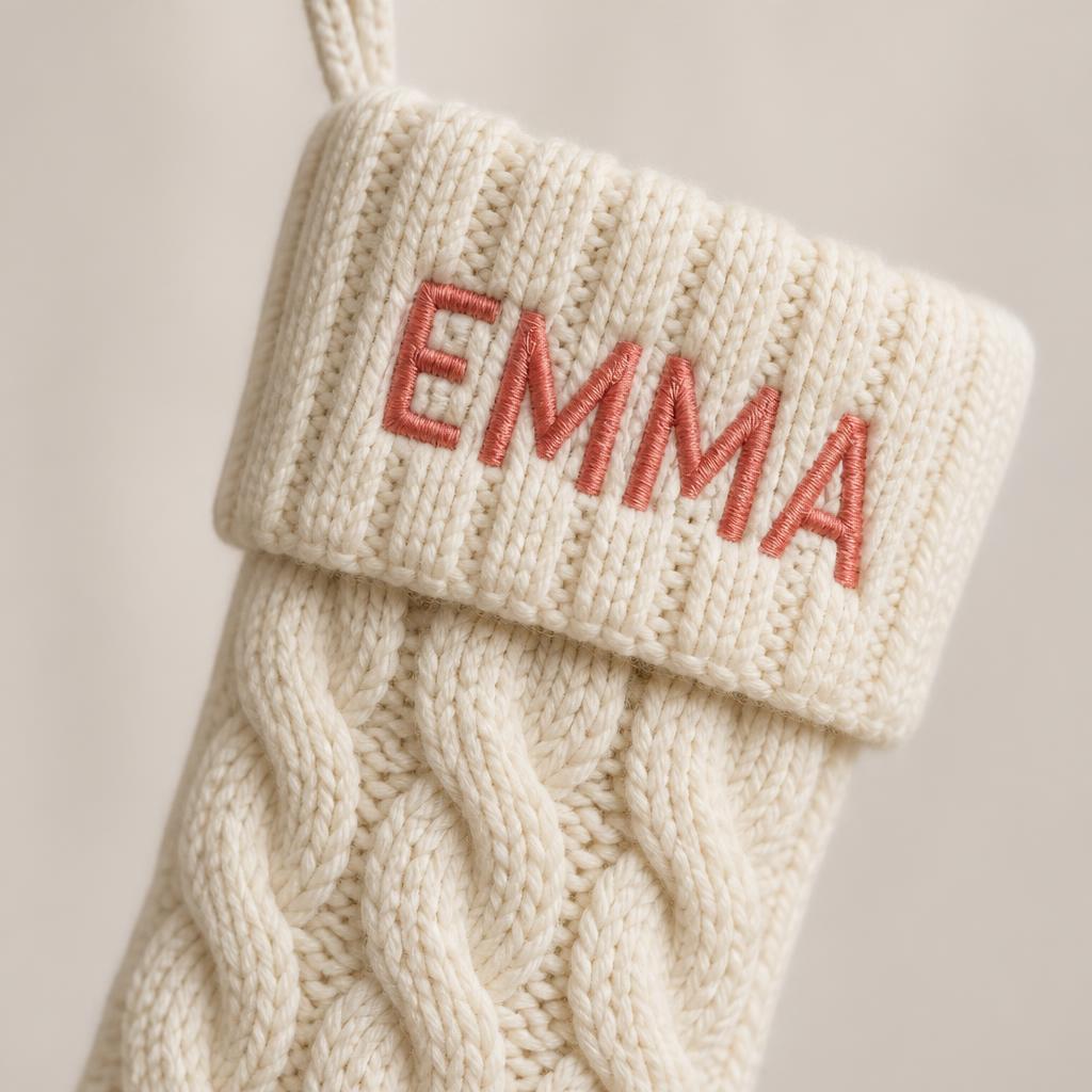 Close-up of a cable-knit Christmas stocking with an embroidered name in coral thread