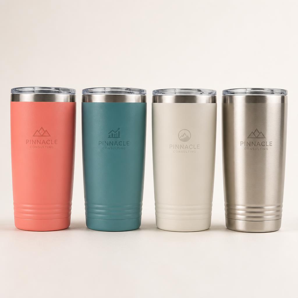 Row of custom insulated tumblers in coral, teal, cream and steel brand colors as a corporate gift set