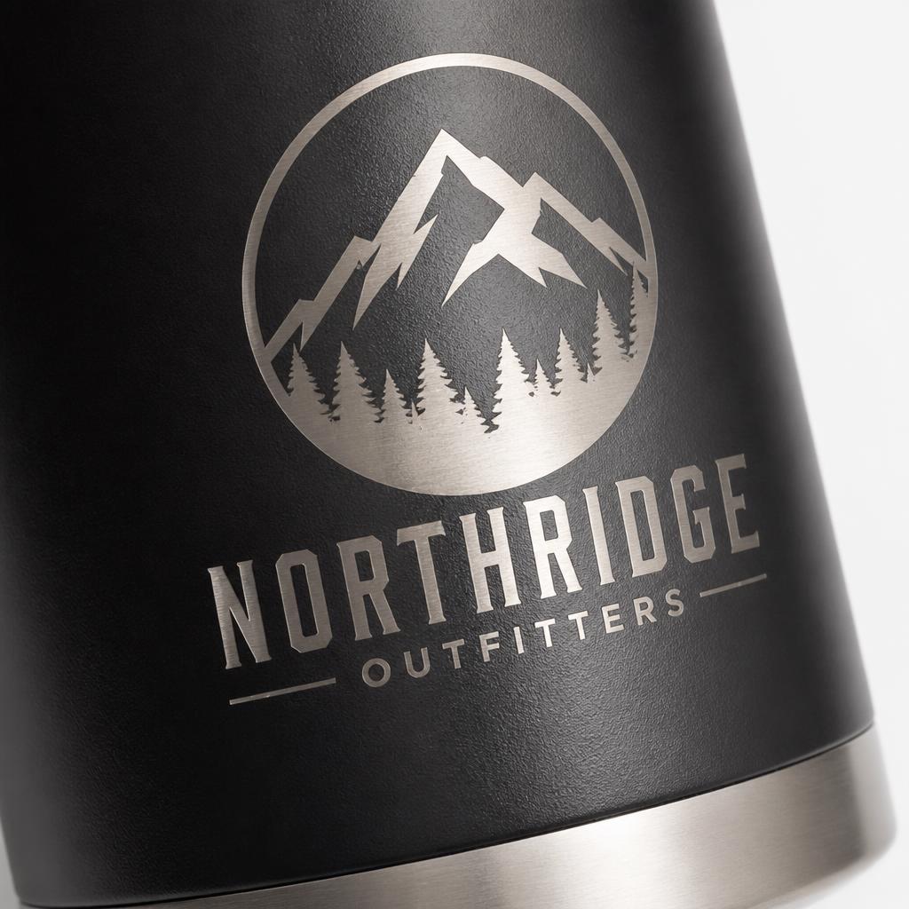 Close-up of a laser-engraved logo etched into a powder-coated custom tumbler