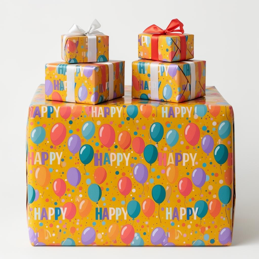 Custom birthday wrapping paper printed with HAPPY type, balloons and confetti