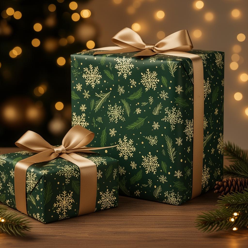 Custom Christmas wrapping paper printed with snowflakes and pine sprigs in evergreen and gold