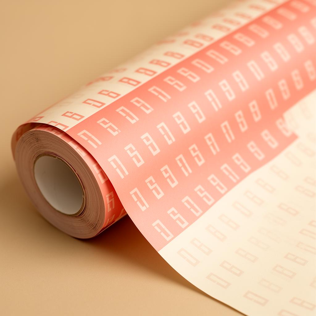 Custom logo wrapping paper roll printed with a repeating brand logo pattern in coral and cream