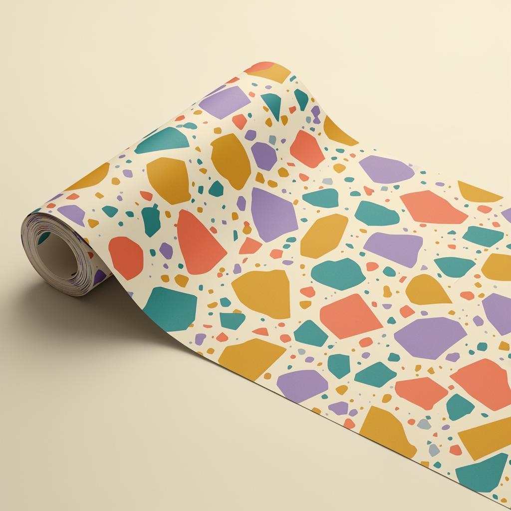 Custom wrapping paper printed with a full-bleed terrazzo repeating pattern in brand colors