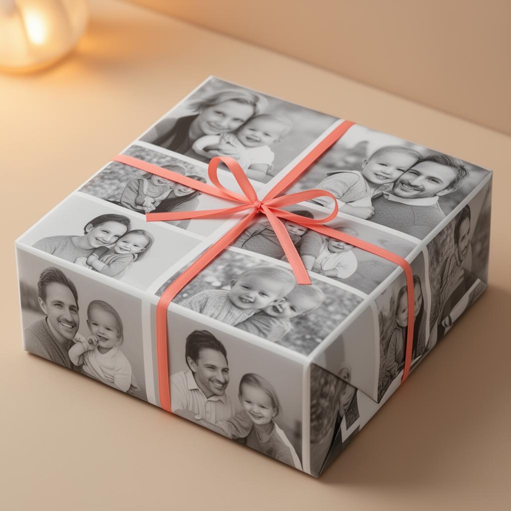 Custom photo wrapping paper printed with a family photo collage in black and white