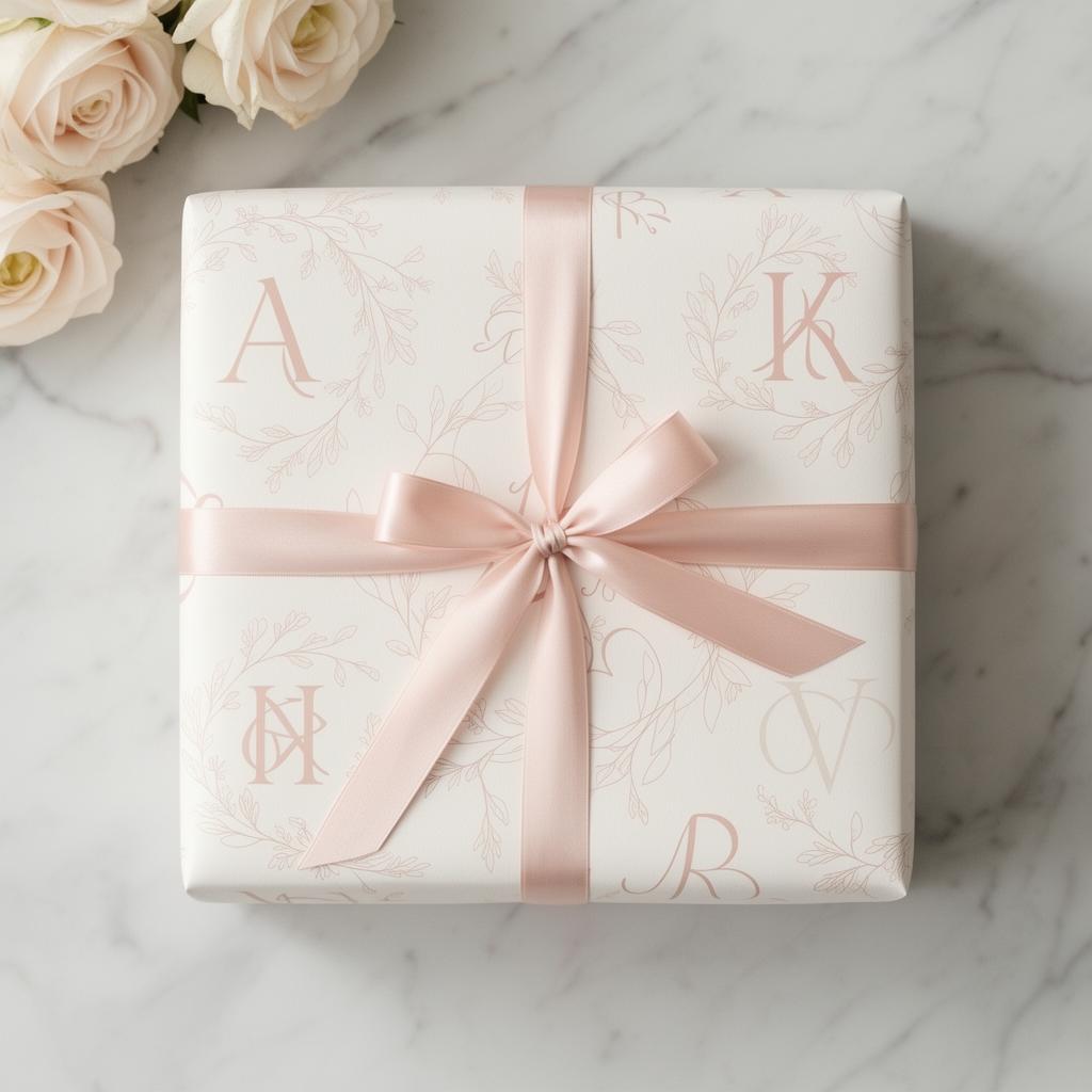 Personalized wedding monogram wrapping paper with delicate initials and blush ribbon
