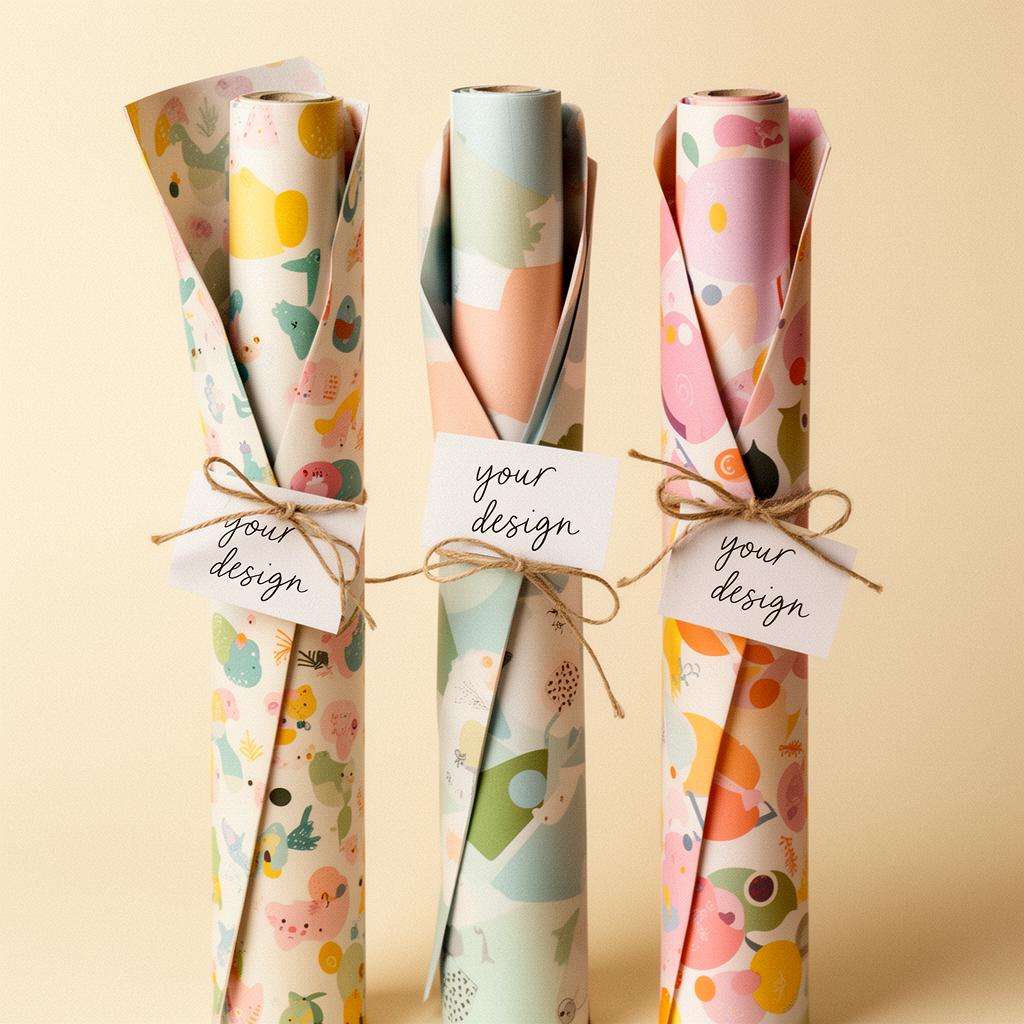 Custom wrapping paper printed with your logo and design — three personalized rolls in brand colors