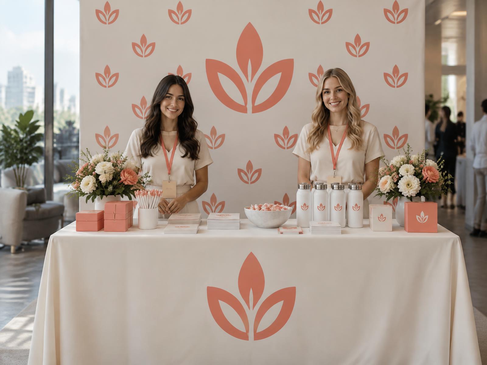Branded event backdrop and table cloth set up together at a corporate trade show booth