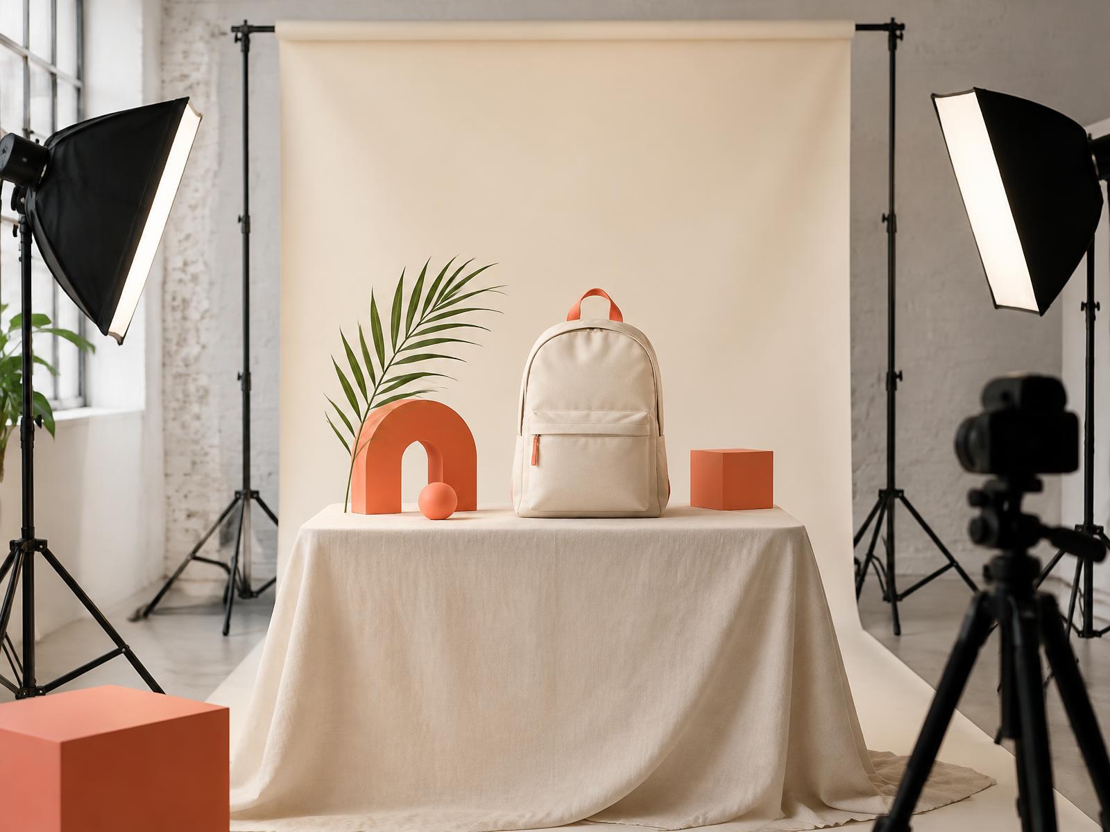 Matte white studio backdrop mounted on a stand behind a product photography setup