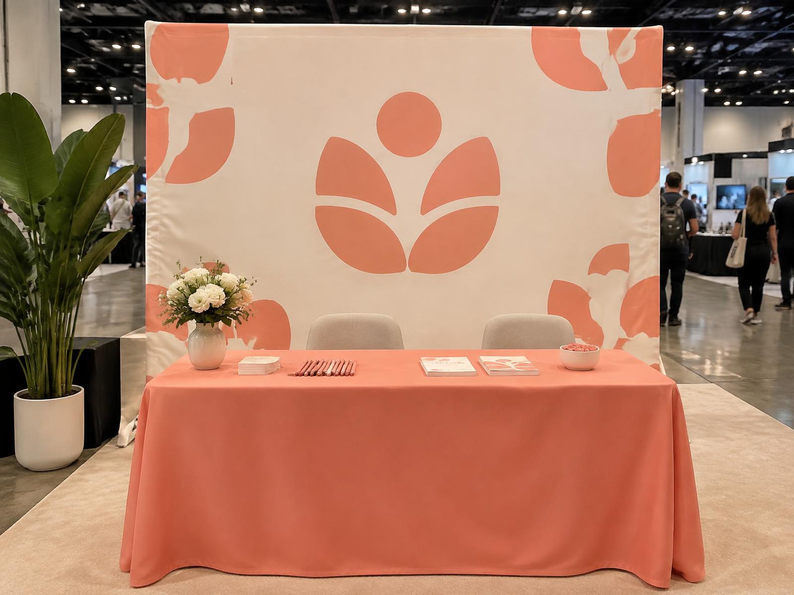 Branded tension fabric pop-up backdrop set up behind a trade show booth table