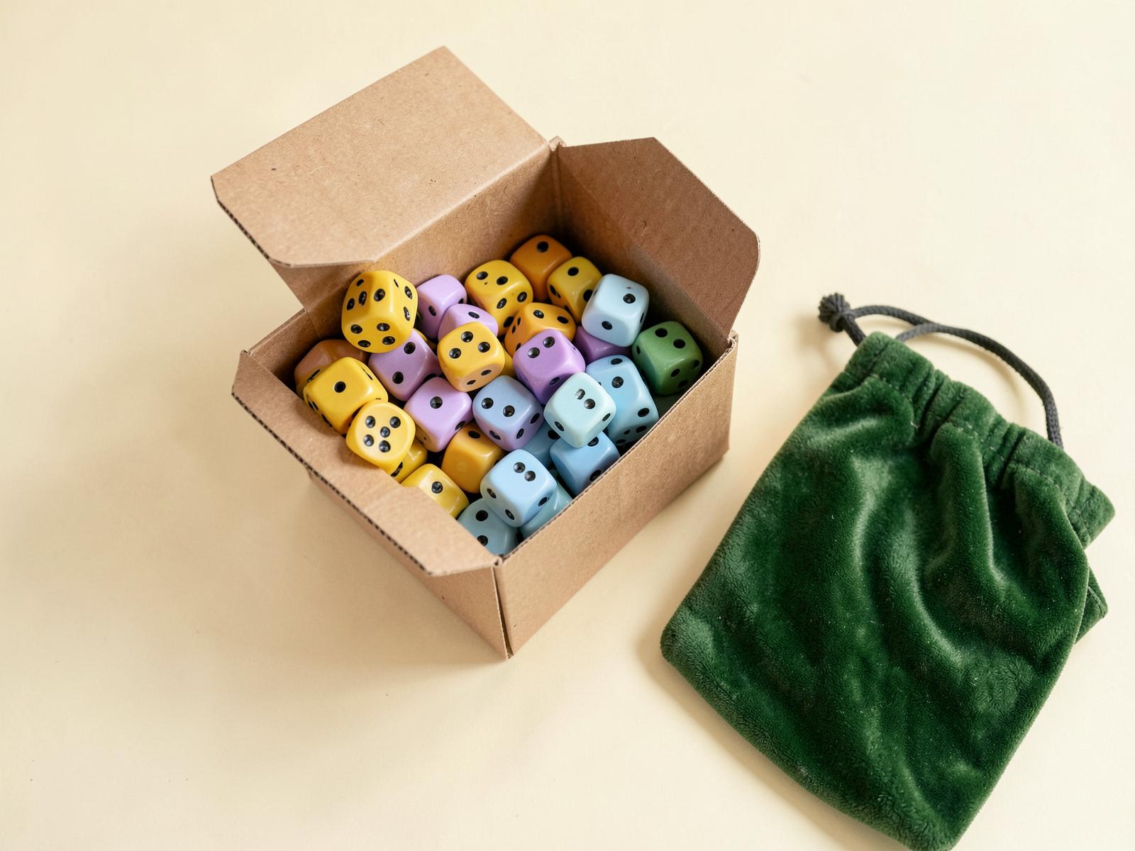 Branded promo kit flat lay with custom dice in a velvet pouch, a tuck box, notebook and matchbook