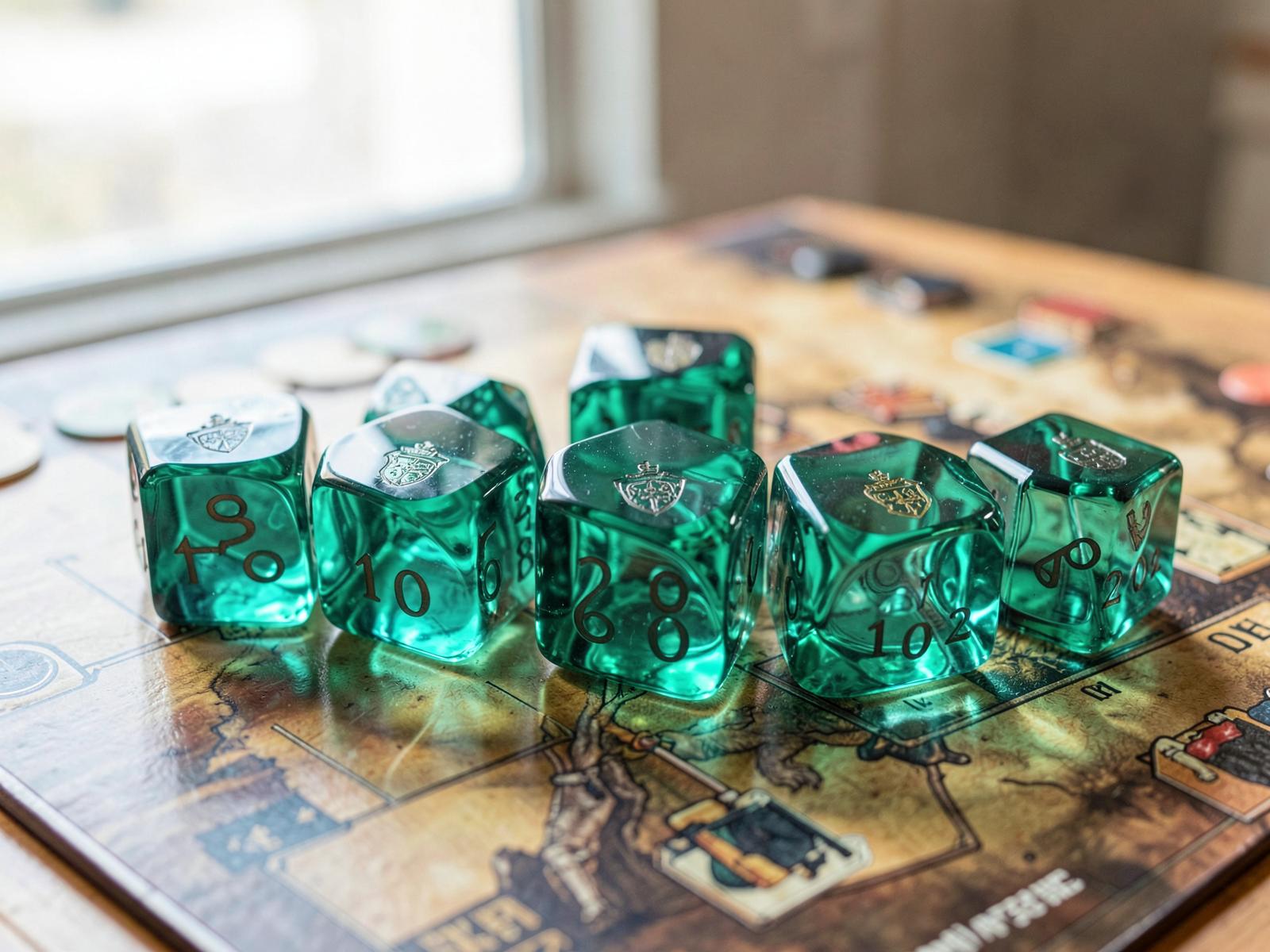 Branded white custom d6 dice mid-roll on a board game map with wooden playing pieces