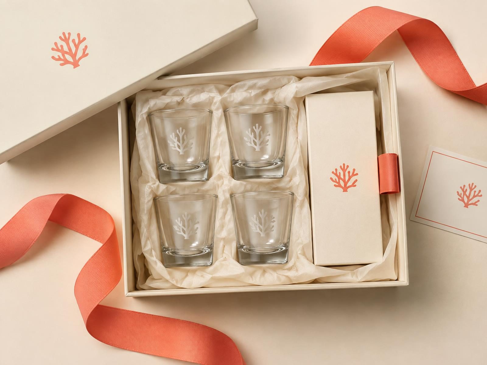 Branded gift set flat lay with custom shot glasses, a gift box and ribbon