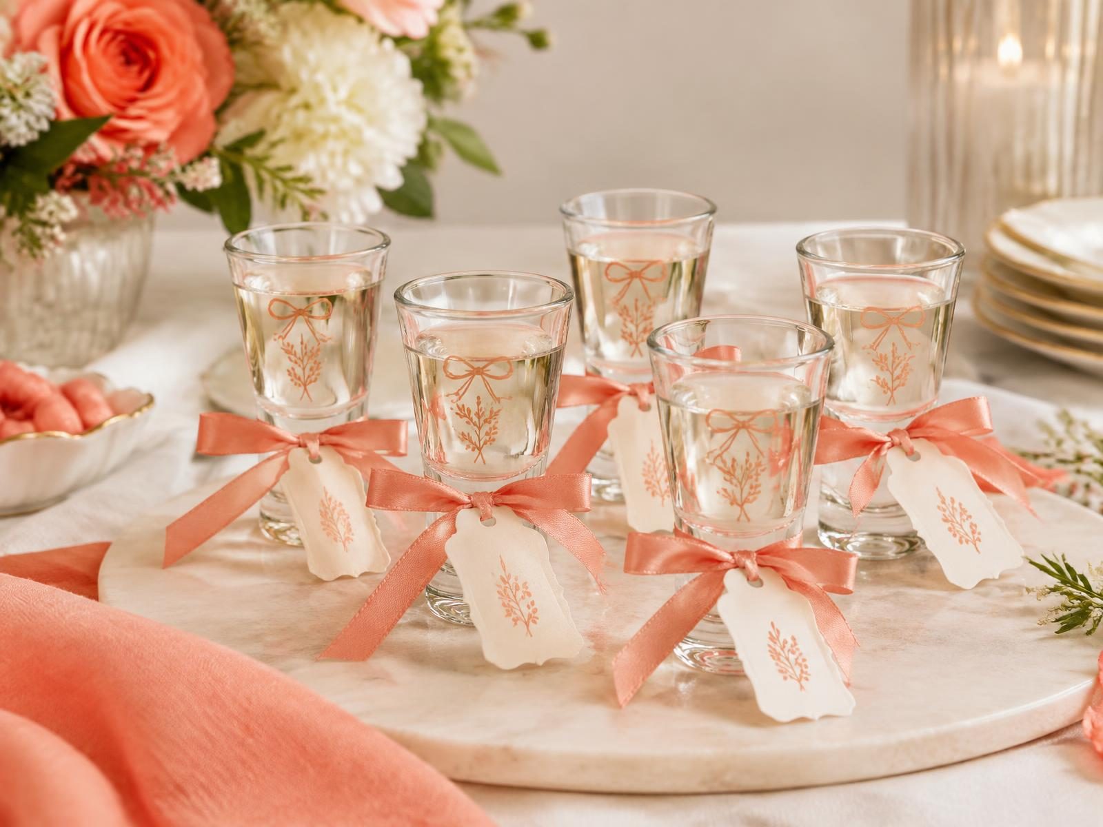 Custom shot glasses arranged for a bachelorette party toast with ribbon and favor tags
