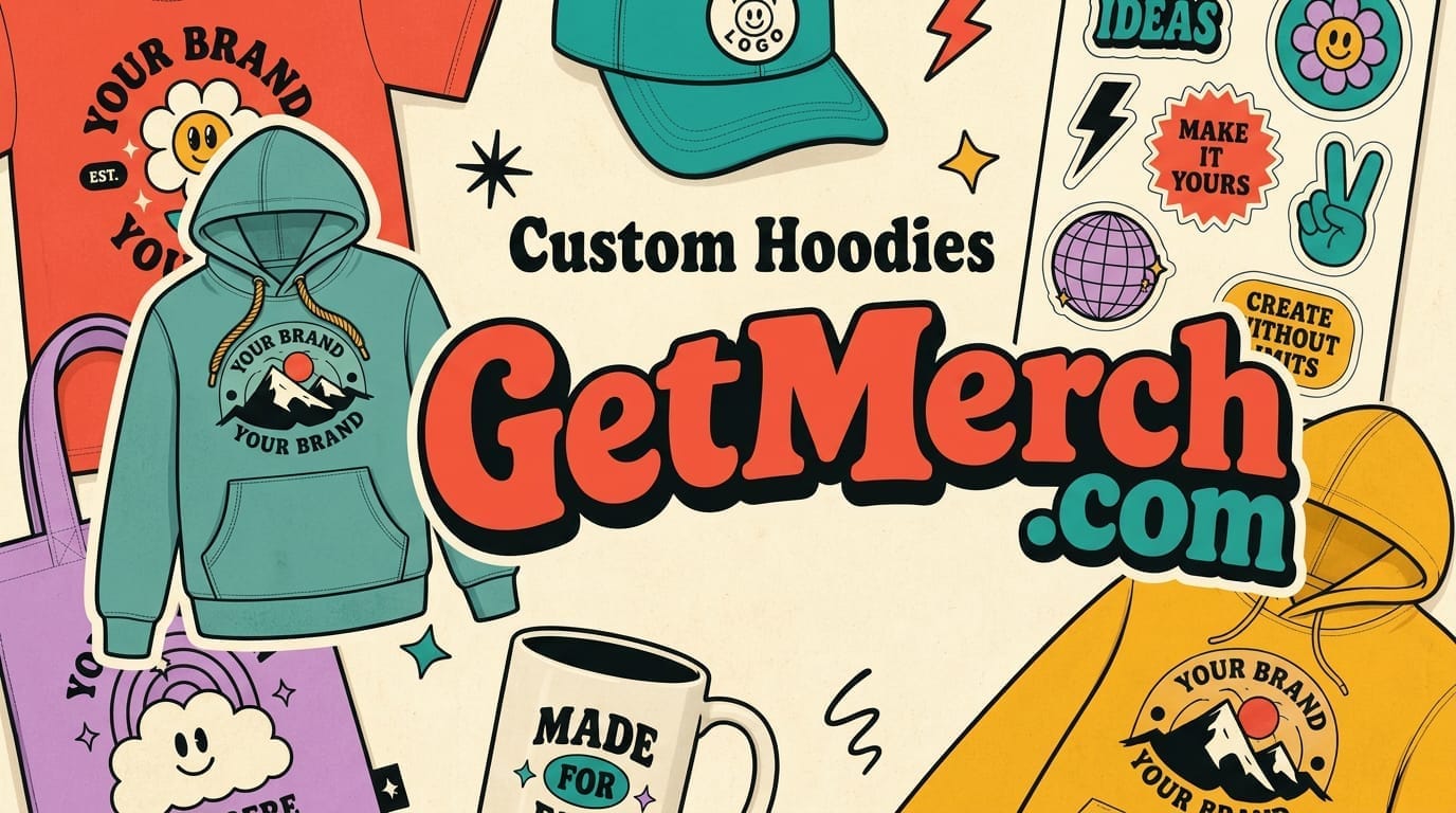 Custom printed hoodie surrounded by colorful apparel design ideas