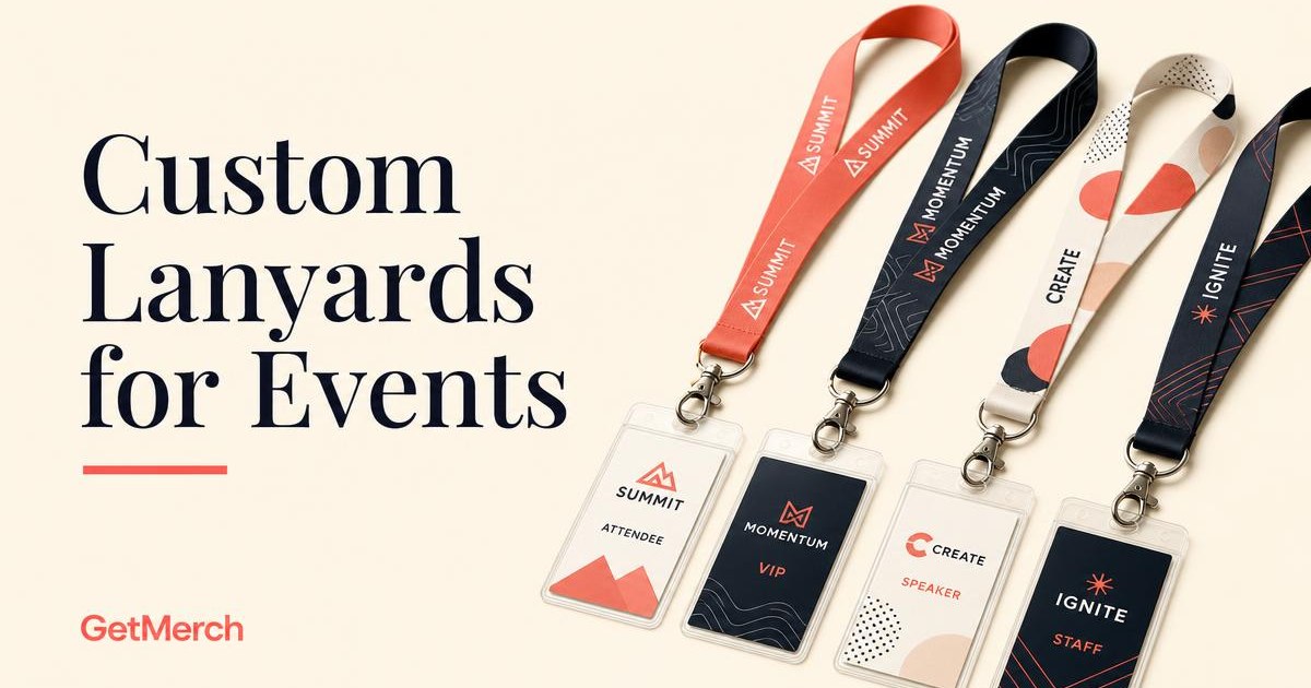 Custom event lanyards with printed straps, badge clips, and badge holders