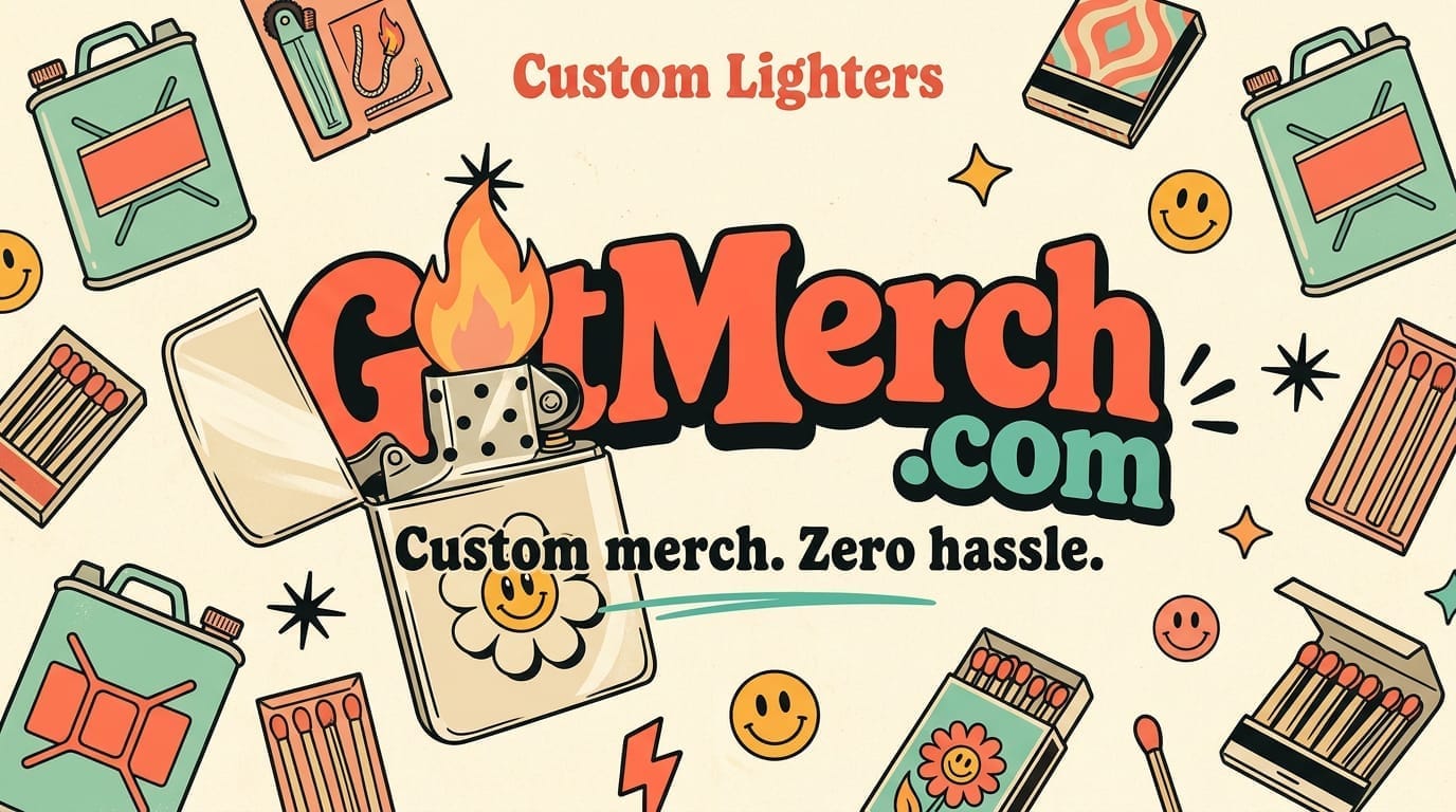 Custom branded lighters illustrated with flames and promotional artwork