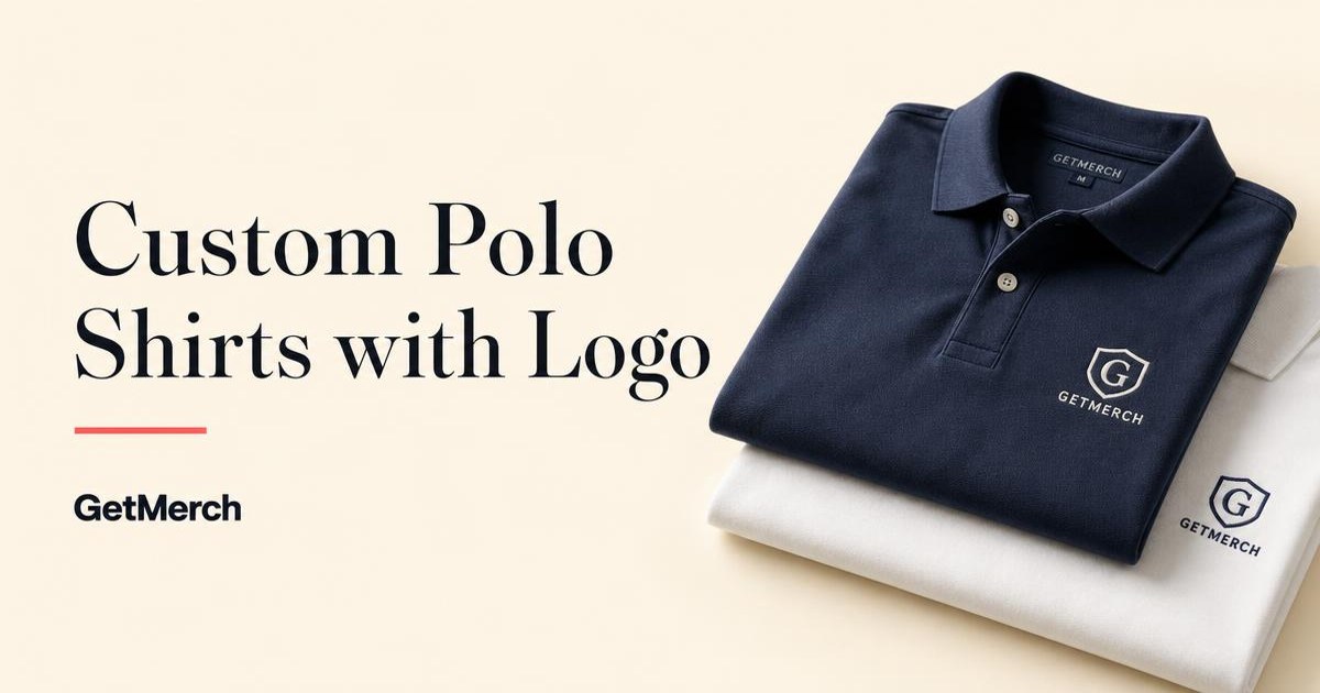 Folded navy custom polo shirts embroidered with a professional company logo