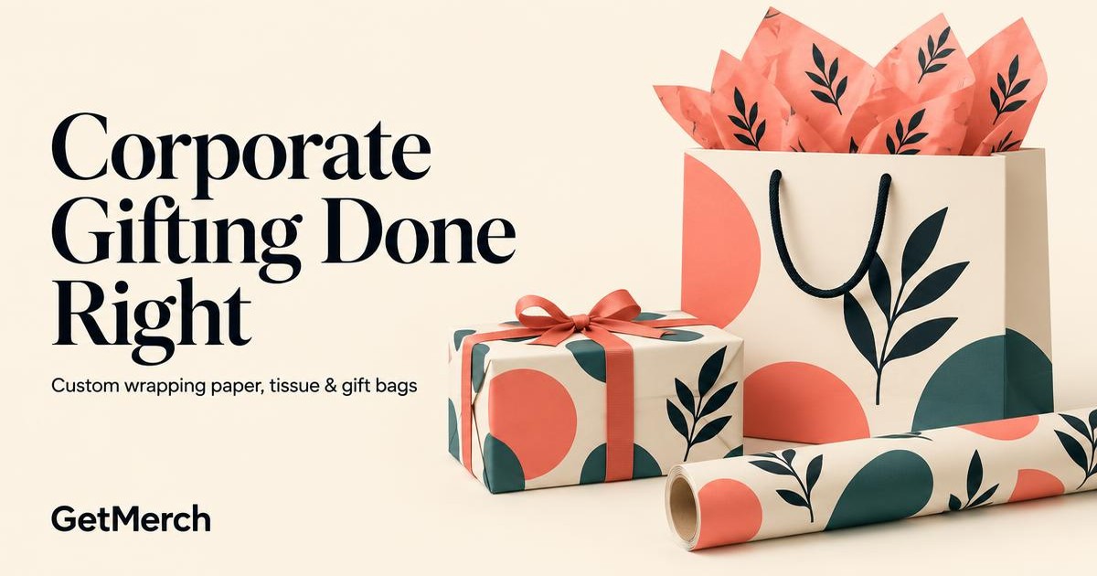 Corporate gift set with custom wrapping paper, tissue paper, gift bags, and ribbon
