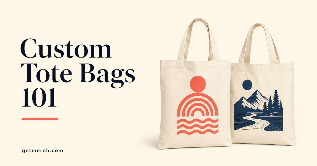 Two canvas custom tote bags printed with colorful outdoor brand artwork