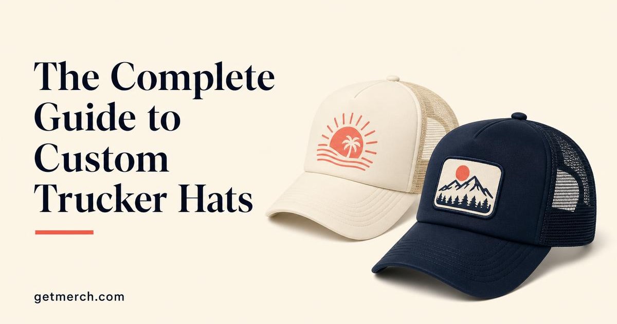Custom trucker hats featuring embroidered and patch logo designs