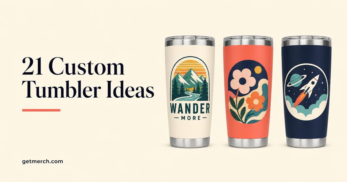 Three stainless steel custom tumblers printed with colorful branded artwork