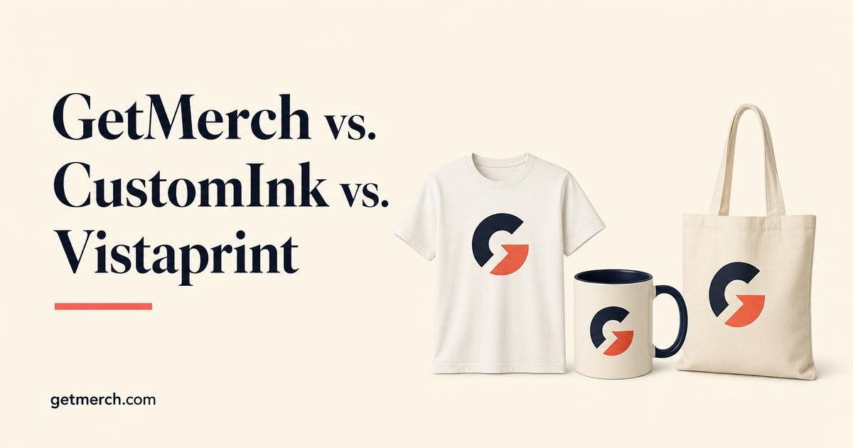 Custom T-shirt, coffee mug, and tote bag comparing GetMerch, CustomInk, and Vistaprint