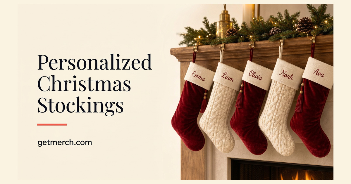 Personalized red and cream Christmas stockings embroidered with individual names