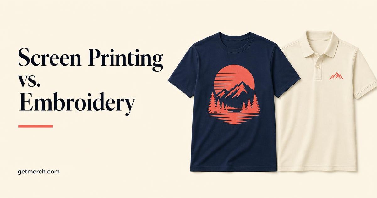 Screen-printed T-shirt beside an embroidered polo shirt for decoration comparison